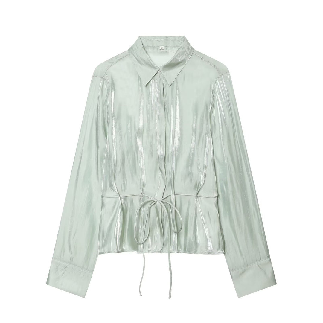 Damen schimmernde Bluse mit verstellbarem Taillenzug und elegantem Kragen EB
