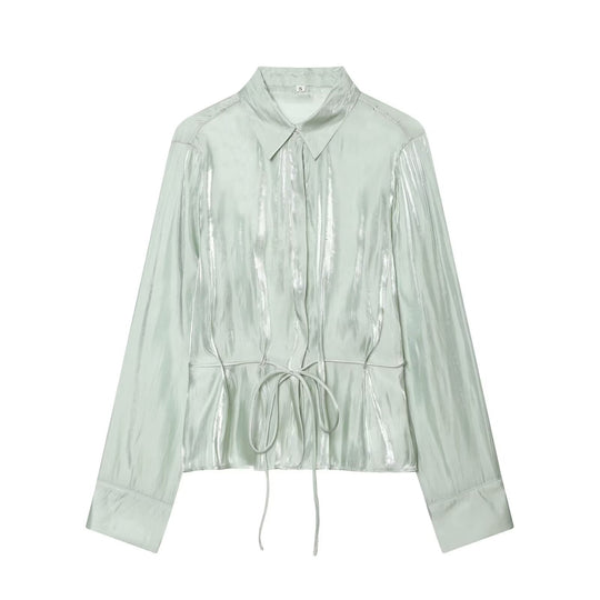 Damen schimmernde Bluse mit verstellbarem Taillenzug und elegantem Kragen EB