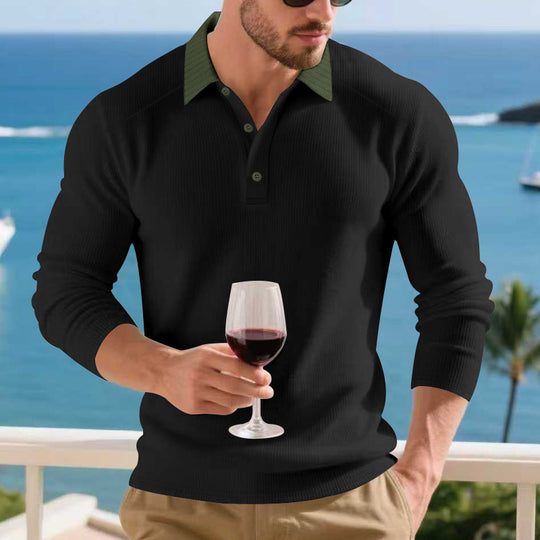 Herren Langarm Poloshirt mit strukturiertem Design und kontrastierendem Stehkragen EB