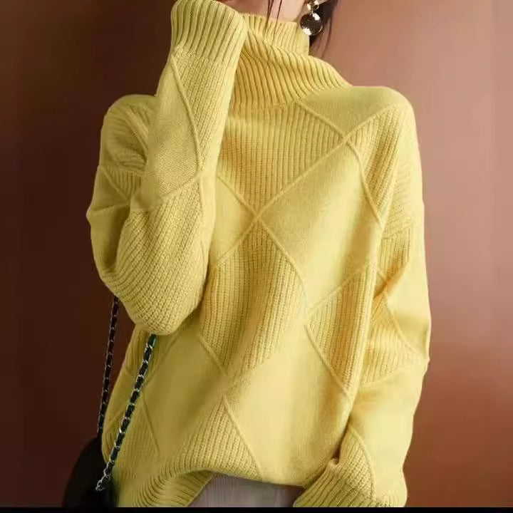 Damen hochwertiger Strickpullover mit stehendem Kragen und extravagantem Rautenmuster EB