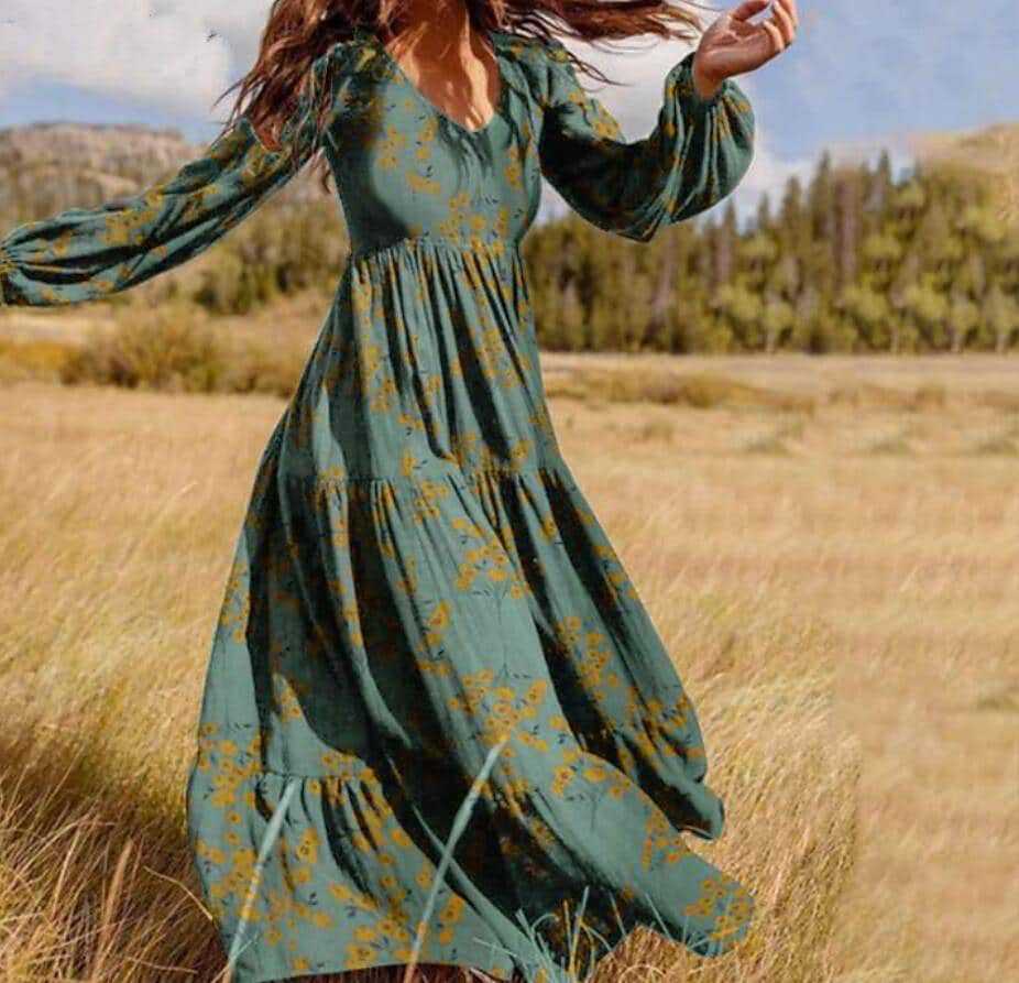 Damen Boho-Langarmkleid mit floralen Akzenten und schwingendem Saum EB