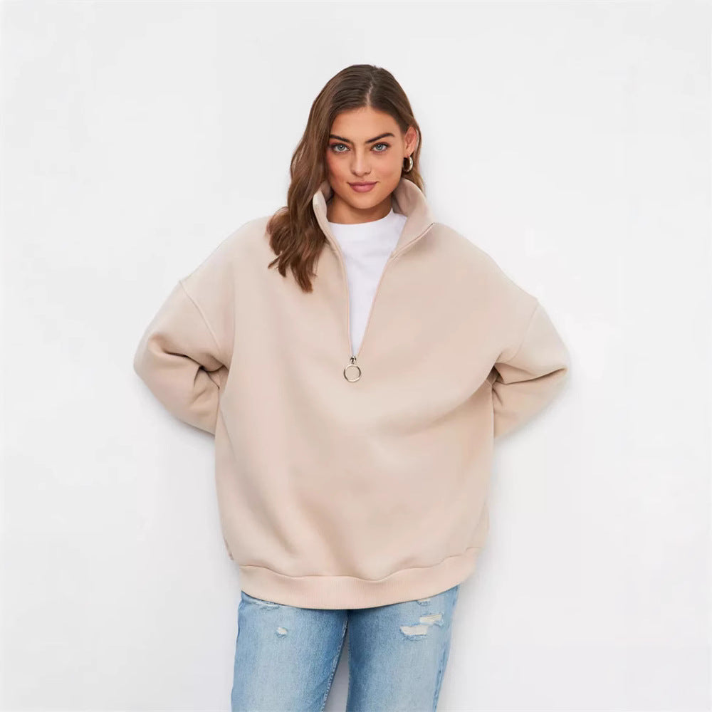 Damen Oversized Halbzip Sweater mit hohem Stehkragen und Rippbündchen EB