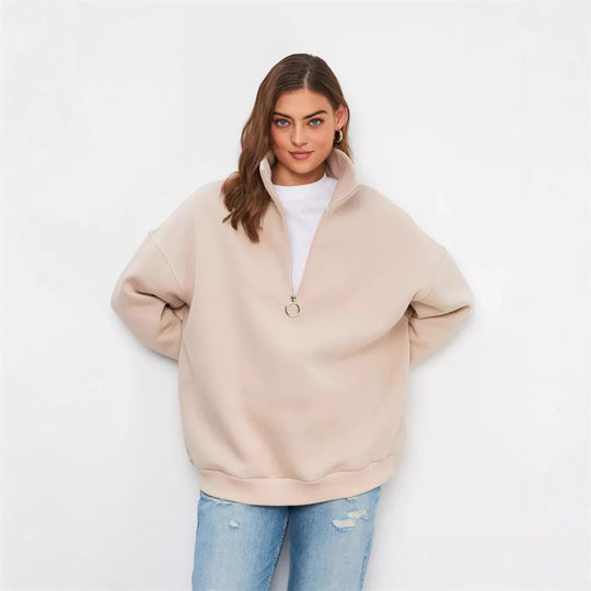Damen Oversized Halbzip Sweater mit hohem Stehkragen und Rippbündchen EB