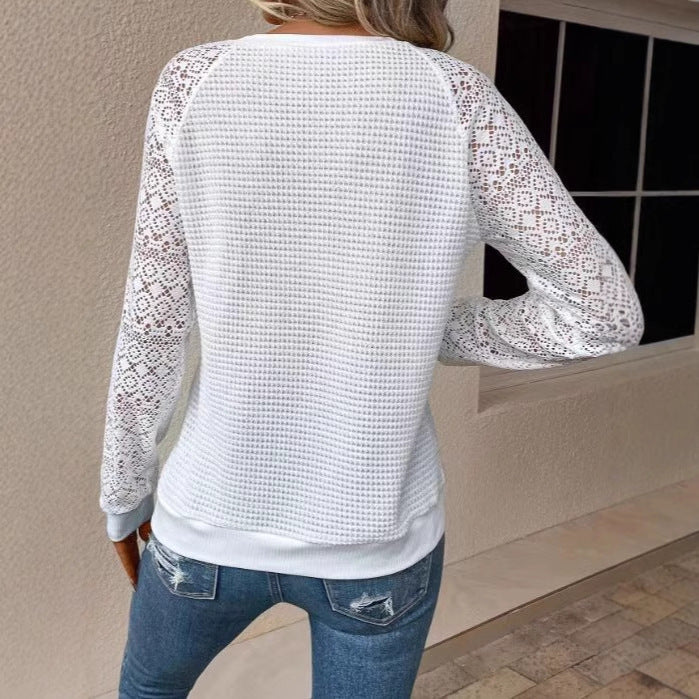 Damen nan Pullover mit Waffelstruktur, Raglanform und transparenter Spitzenärmel EB