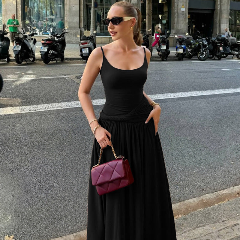 Damen Elegantes Maxikleid mit Drapierung und Spaghetti-Trägern EB