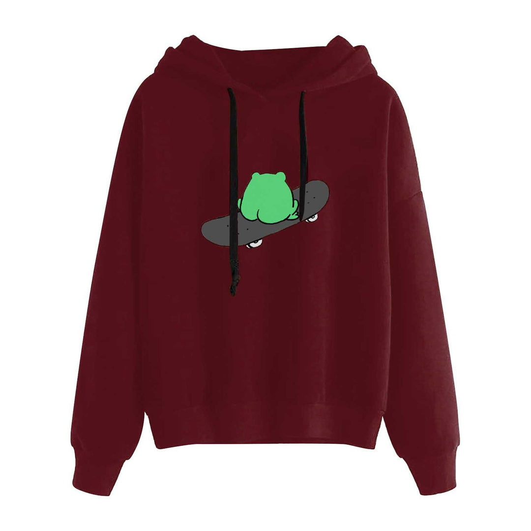 Damen nan kurz geschnittener Cropped-Kapuzenpullover mit niedlicher Frosch-Illustration und verstellbarer Kapuze EB