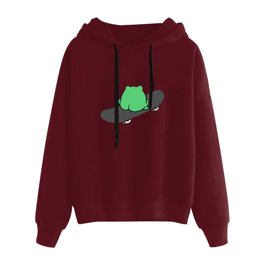 Damen nan kurz geschnittener Cropped-Kapuzenpullover mit niedlicher Frosch-Illustration und verstellbarer Kapuze EB