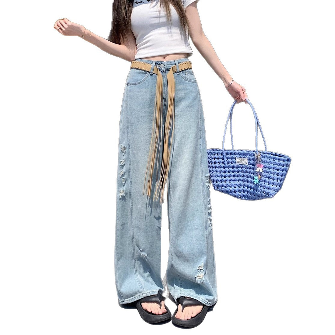 Damen Weite Jeans mit modischen Rissen und hohem Bund EB