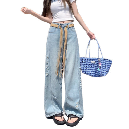 Damen Weite Jeans mit modischen Rissen und hohem Bund EB