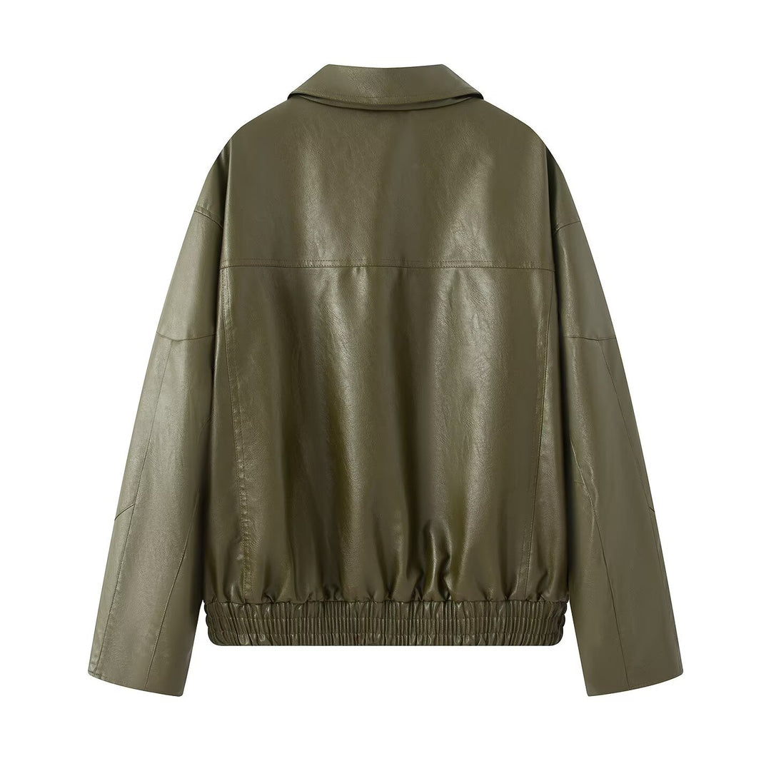 Damen elegante Kunstlederjacke mit praktischen Reißverschluss-Taschen EB