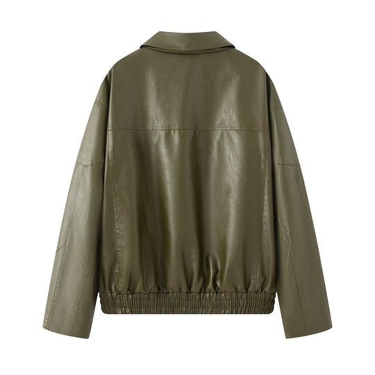Damen elegante Kunstlederjacke mit praktischen Reißverschluss-Taschen EB