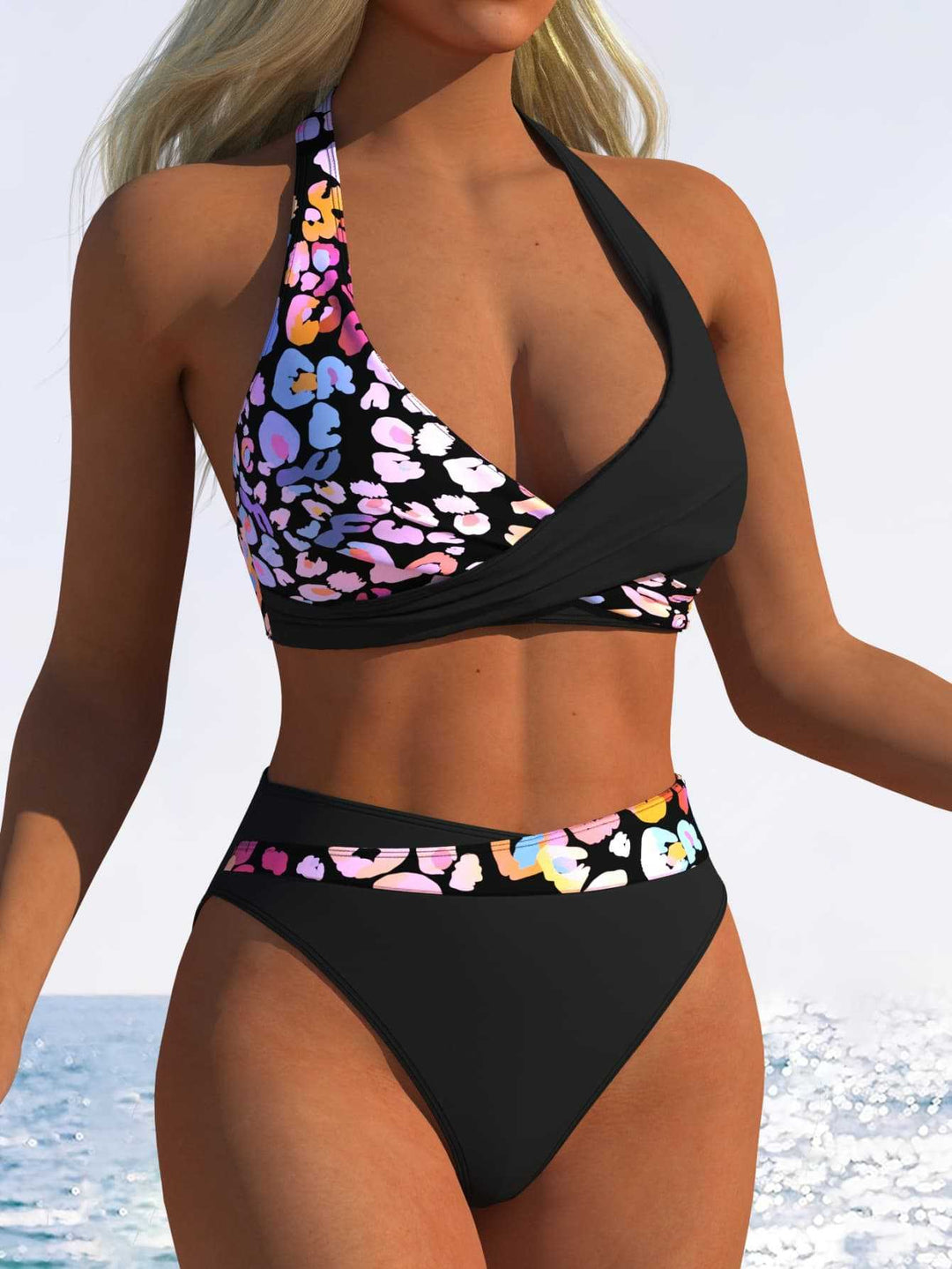 Damen Hoch geschnittenes Bikini-Set mit modischem Wickeloberteil und elastischem Bund EB