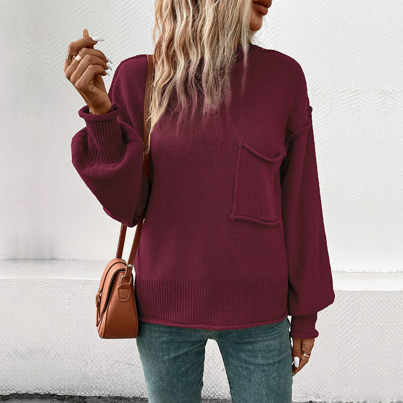Damen lässiger Pullover mit voluminösen Ärmeln und praktischer Taschendetail EB