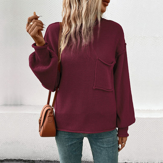 Damen lässiger Pullover mit voluminösen Ärmeln und praktischer Taschendetail EB