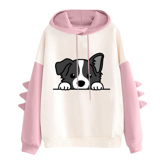 Damen nan Kapuzenpullover mit niedlichem Hunde‑und‑Katzen‑Print und 3D-Stacheln an den Ärmeln EB