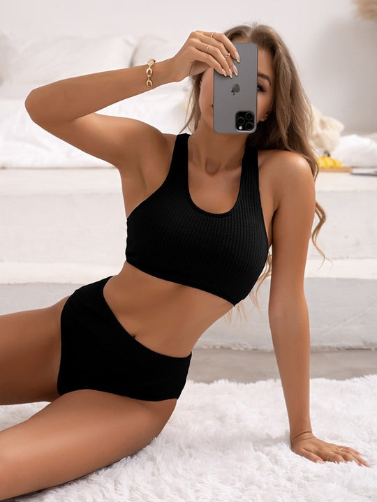 Damen Sport Bikini-Set mit hohem Taillenschnitt und strukturiertem Oberteil EB