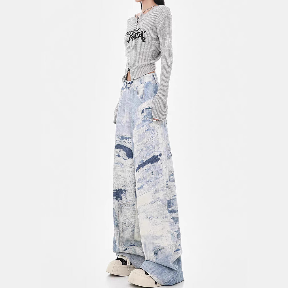 Damen Weite Jeanshose im kreativen Kunstdesign EB