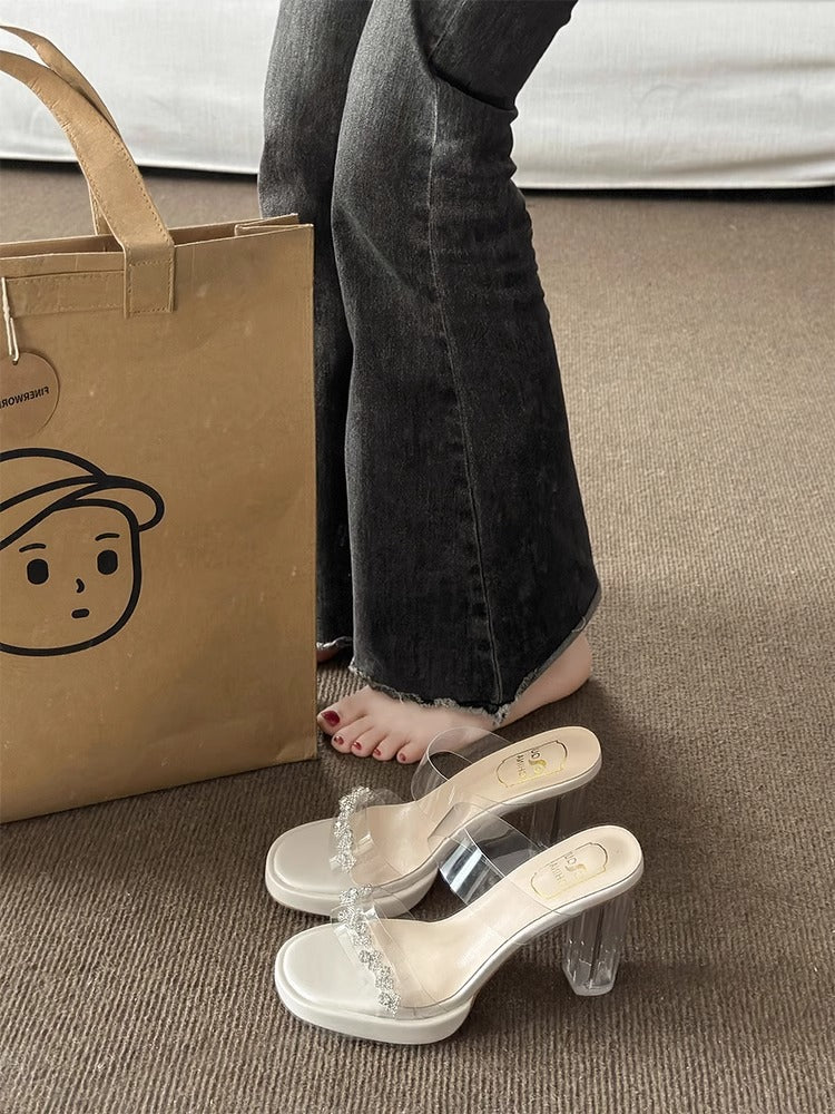 Damen elegante offene Mules mit Absatz und funkelnden Akzenten EB