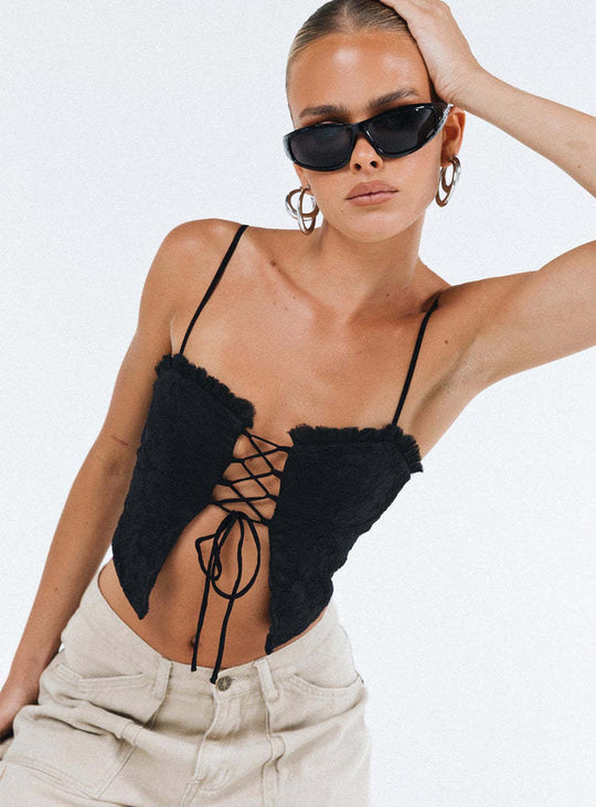 Damen Spitzen-Top mit Schnürung und Rüschendetail EB