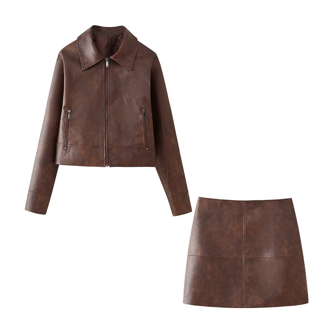Damen cropped Kunstlederjacke mit stylischem Stehkragen und Reißverschlusstaschen EB