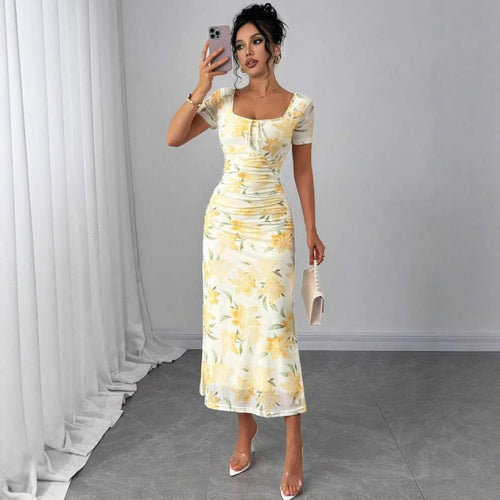 Damen Midi-Kleid mit raffinierten Falten und floralem Muster EB