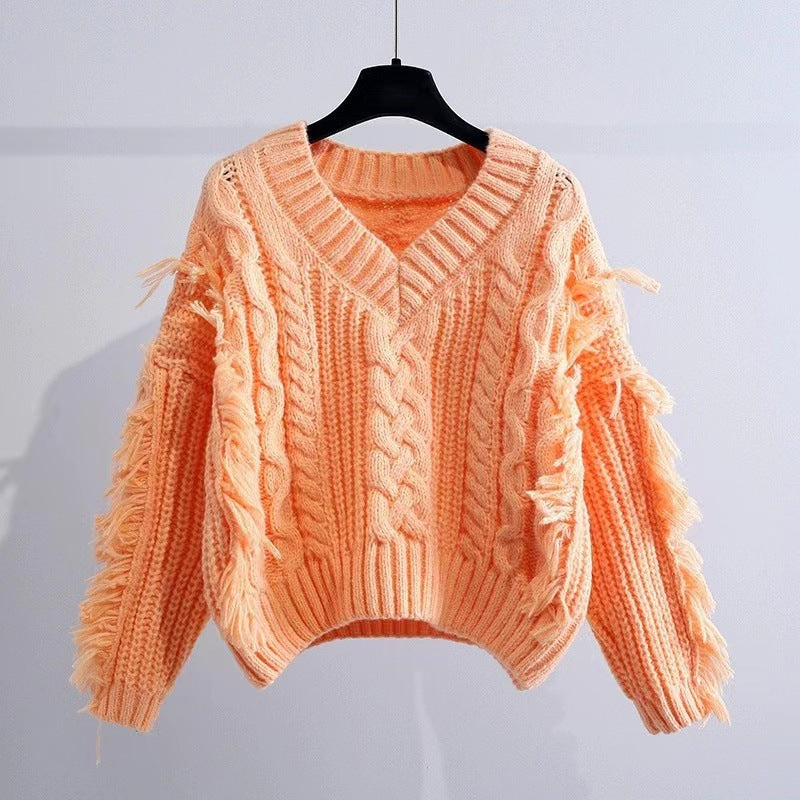 Damen Stylischer Strickpullover mit Fransen und Zopfmuster EB