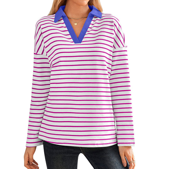 Damen gestreiftes Polo-Shirt mit V-Ausschnitt und kontrastierendem Kragen EB