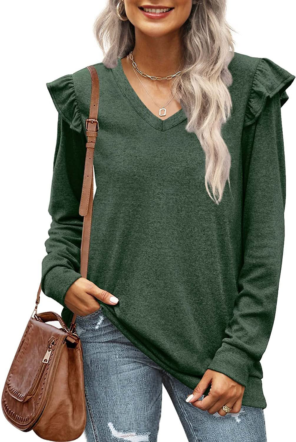 Damen V-Ausschnitt Langarmshirt mit Rüschendetails und lockerem Schnitt EB
