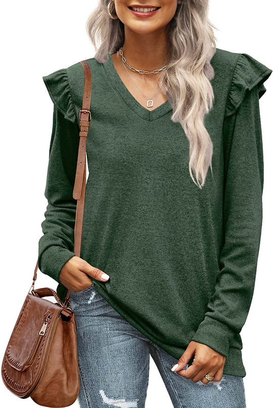 Damen V-Ausschnitt Langarmshirt mit Rüschendetails und lockerem Schnitt EB