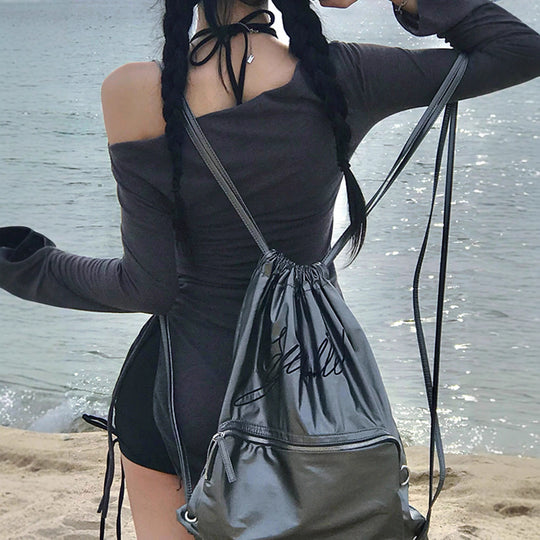 Damen nan figurbetontes Off-Shoulder Rippstrick-Minikleid mit seitlicher Kordelzug-Raffung und langen Ärmeln EB