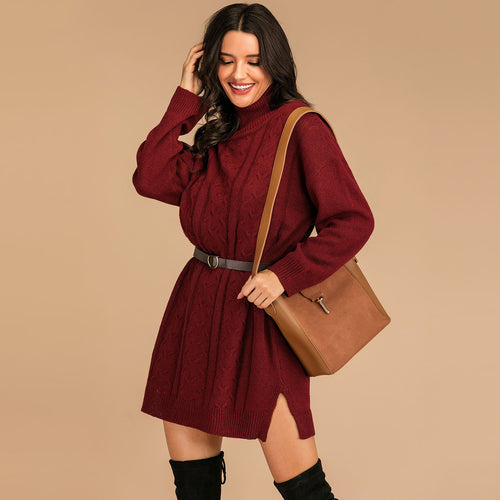 Damen Strickkleid mit hohem Kragen und seitlichen Schlitzen EB