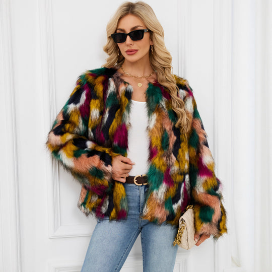 Damen Modische Kunstpelzjacke mit auffälligem Muster EB