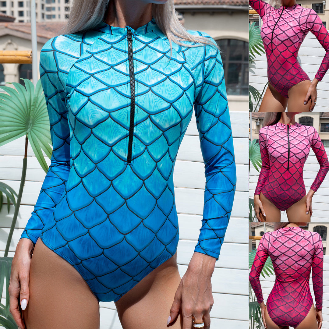 Damen Langarm-Schwimmanzug mit trendigem Fischschuppen-Design EB