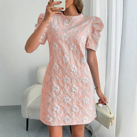 Damen nan florales Jacquard-Minikleid mit gestuften Puffärmeln EB