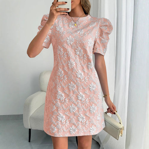 Damen nan florales Jacquard-Minikleid mit gestuften Puffärmeln EB