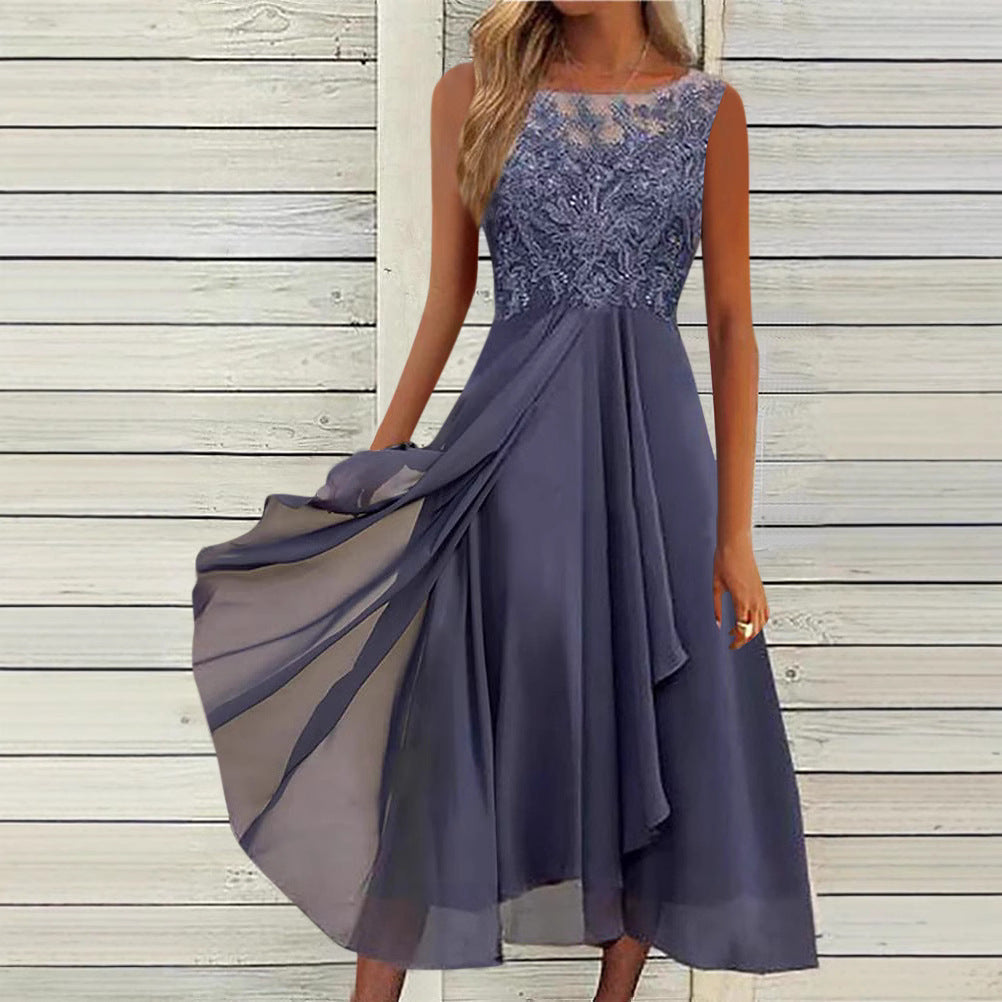 Damen nan ärmelloses Chiffon-Midikleid mit bestickter Illusionsspitze, Schiff-Ausschnitt und mehrlagigem Schwingrock EB