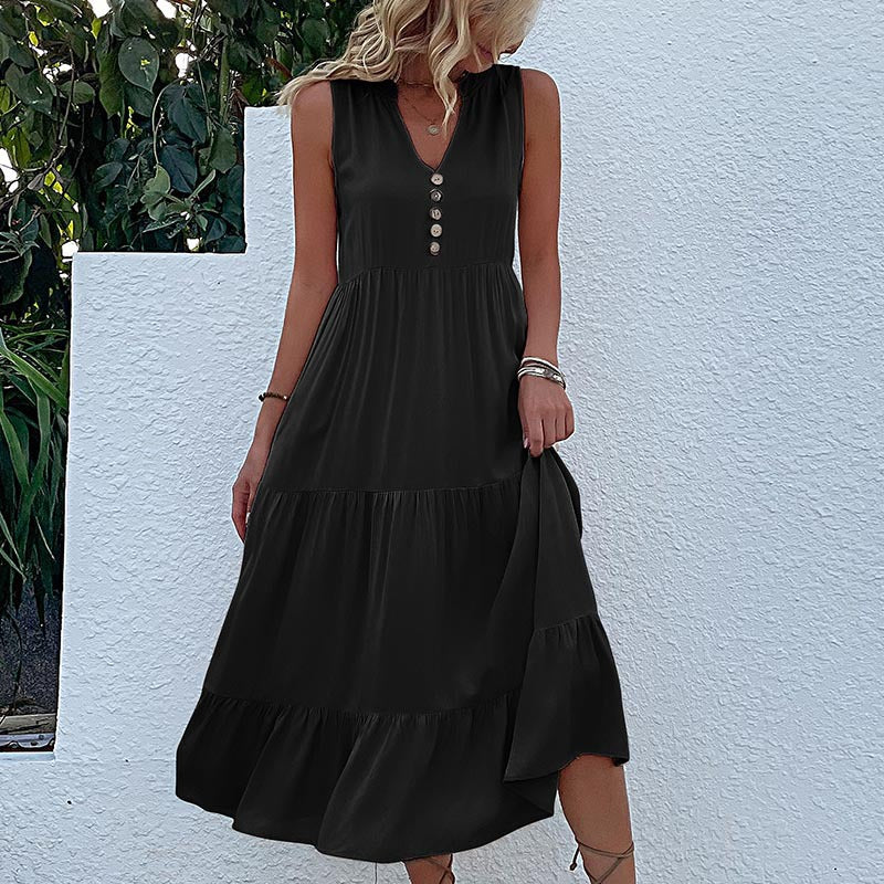 Damen Maxikleid mit Knopfdetail und voluminösem Rock EB