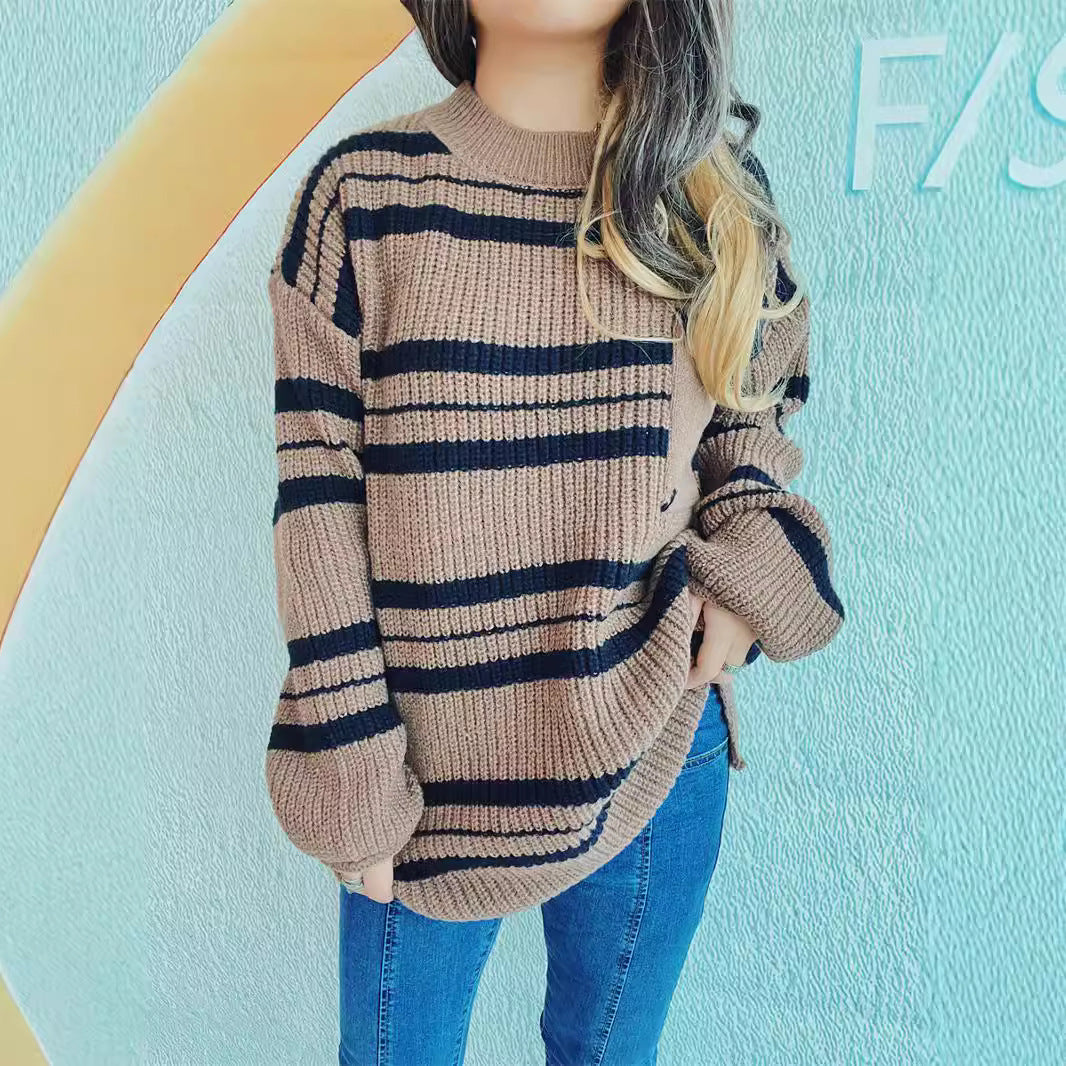 Damen lässiger Strickpullover mit modernem Streifenmuster EB