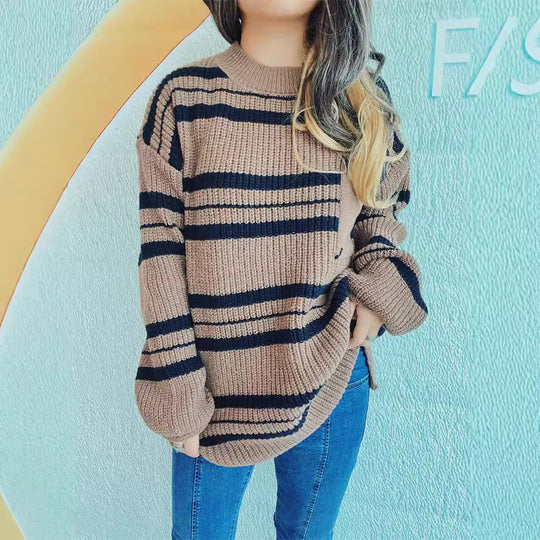 Damen lässiger Strickpullover mit modernem Streifenmuster EB