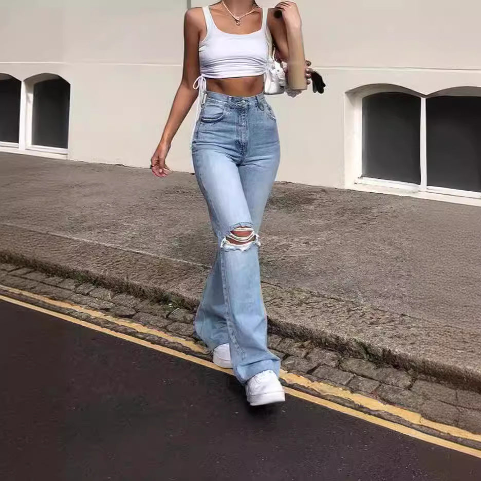 Damen Vintage Schlagjeans mit modischen Rissdetails und hohem Bund EB