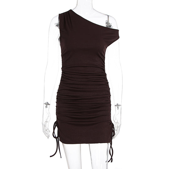 Damen figurbetontes One-Shoulder Kleid mit seitlichen Rüschen EB