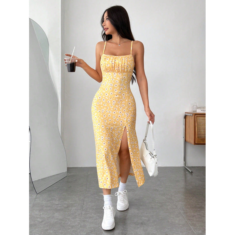 Damen Blumenkleid mit Spaghettiträgern und seitlichem Schlitz EB