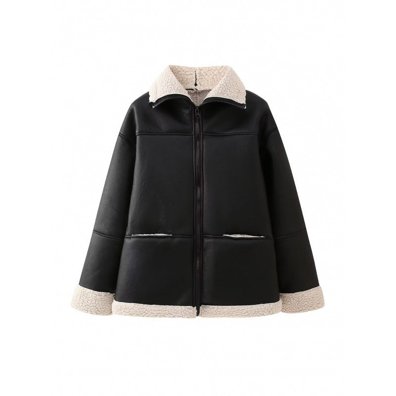 Damen Kunstlederjacke mit gemütlichem Teddyfutter und praktischen Taschen EB