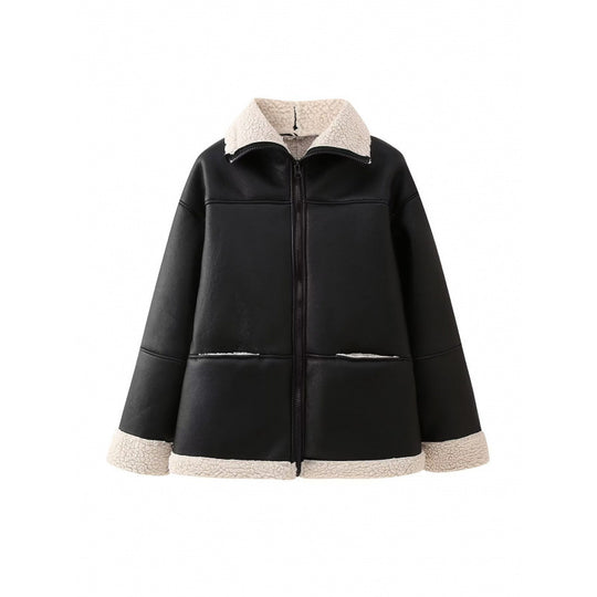 Damen Kunstlederjacke mit gemütlichem Teddyfutter und praktischen Taschen EB