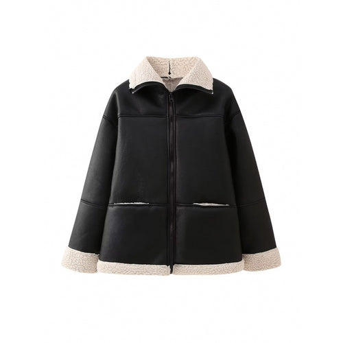 Damen Kunstlederjacke mit gemütlichem Teddyfutter und praktischen Taschen EB