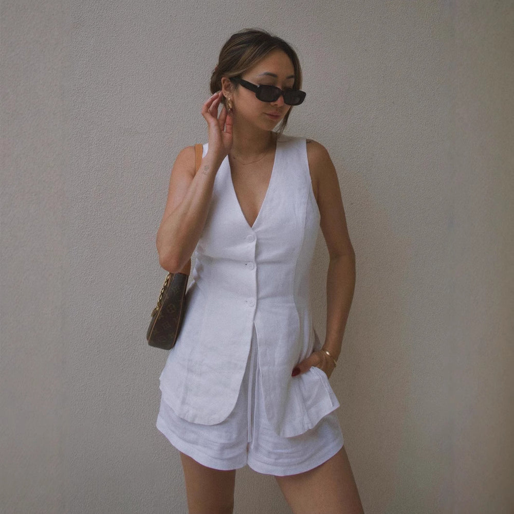 Damen Elegante Leinenbluse mit Shorts-Set EB