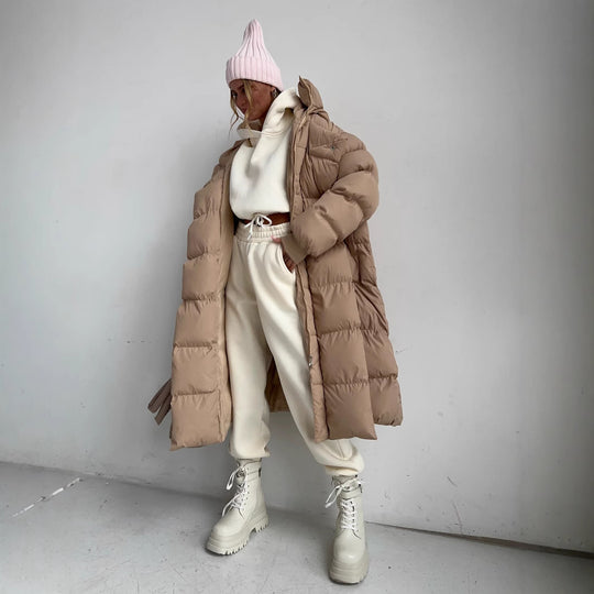 Damen Lange Steppjacke mit Kapuze und praktischem Reißverschluss EB
