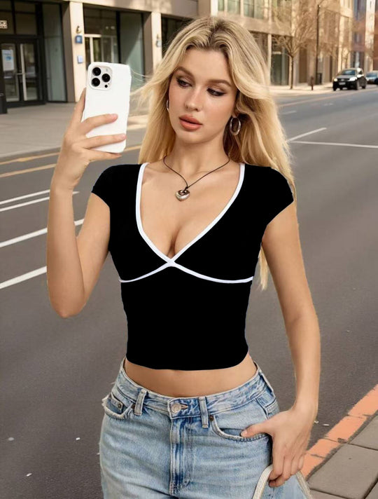 Damen Crop-Top mit V-Ausschnitt und Kontrastbesatz EB