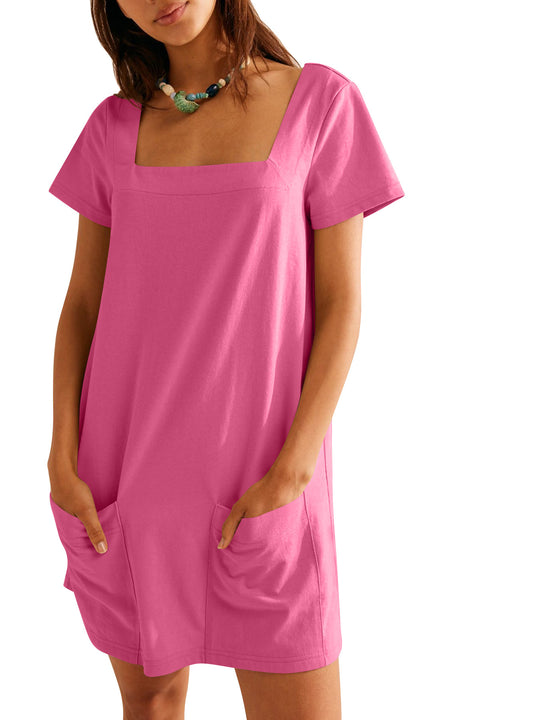 Damen lockeres Sommerkleid mit quadratischem Ausschnitt und praktischen Taschen EB