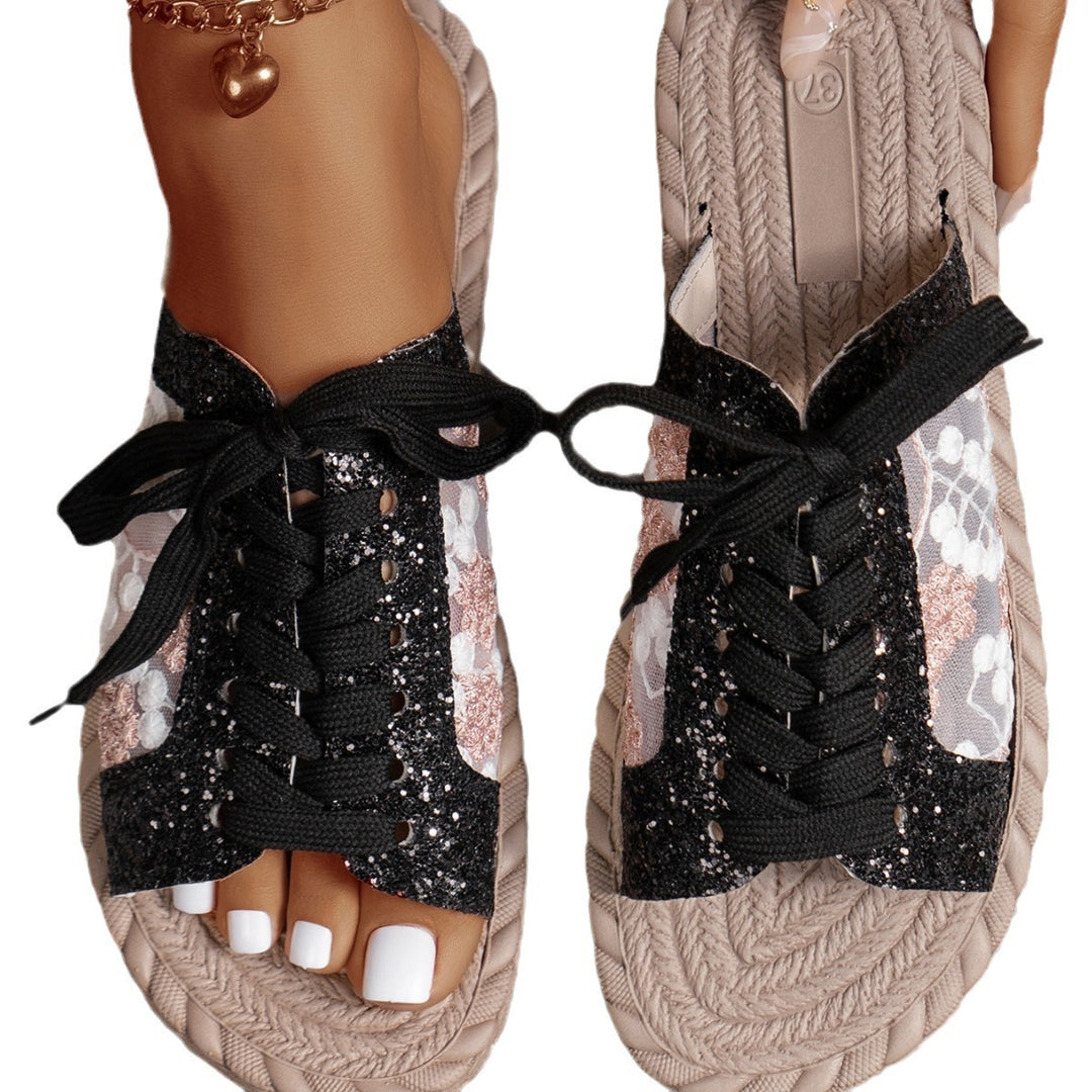 Damen Modische Zehentrenner-Pantoletten mit glitzernden Akzenten und floralen Details EB